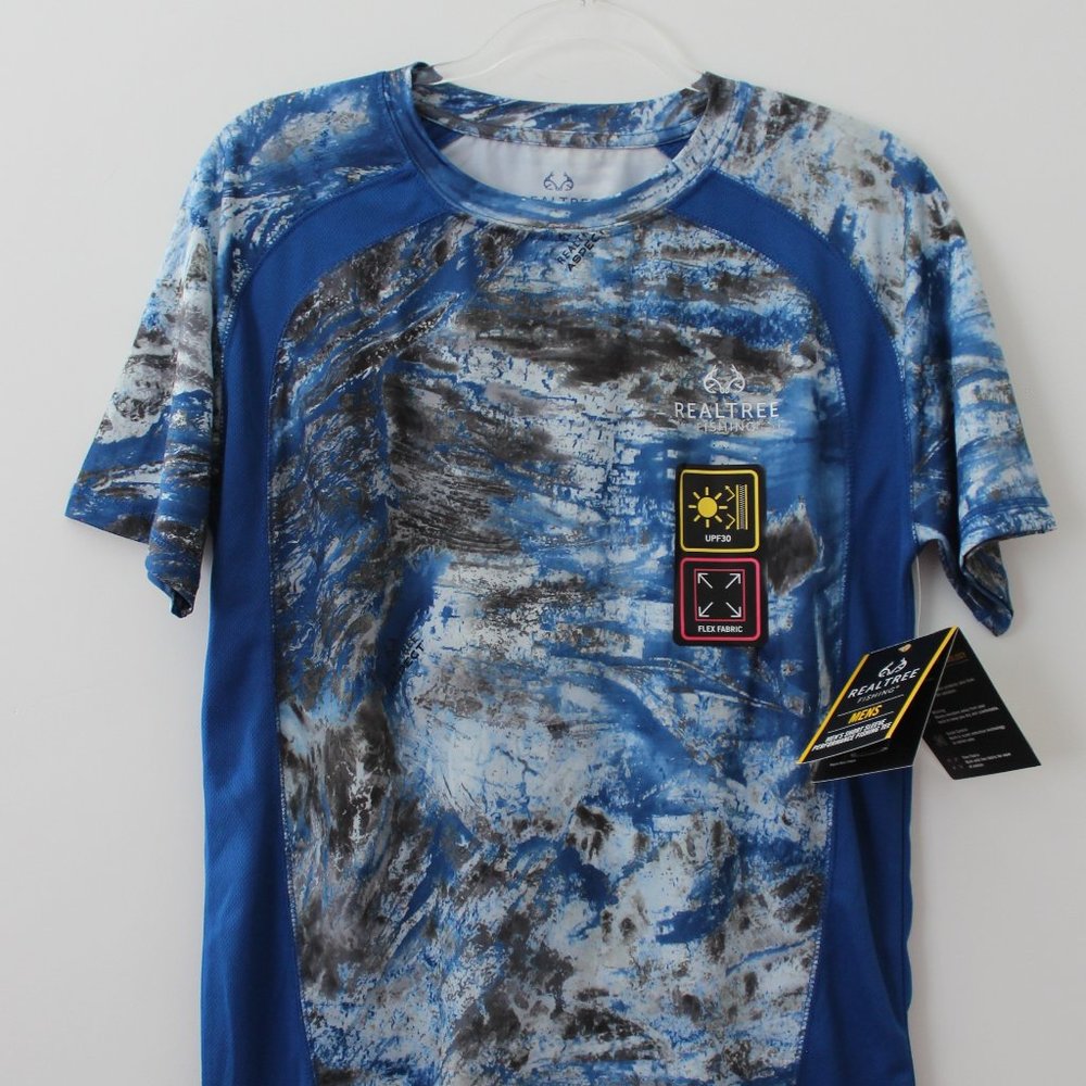 Realtree Mens Short Sleeve Jersey Recycled Polyester UPF Blue Size S NWT